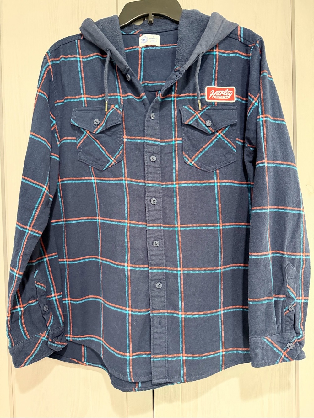 Hurley Navy Plaid Hooded Flannel size L
